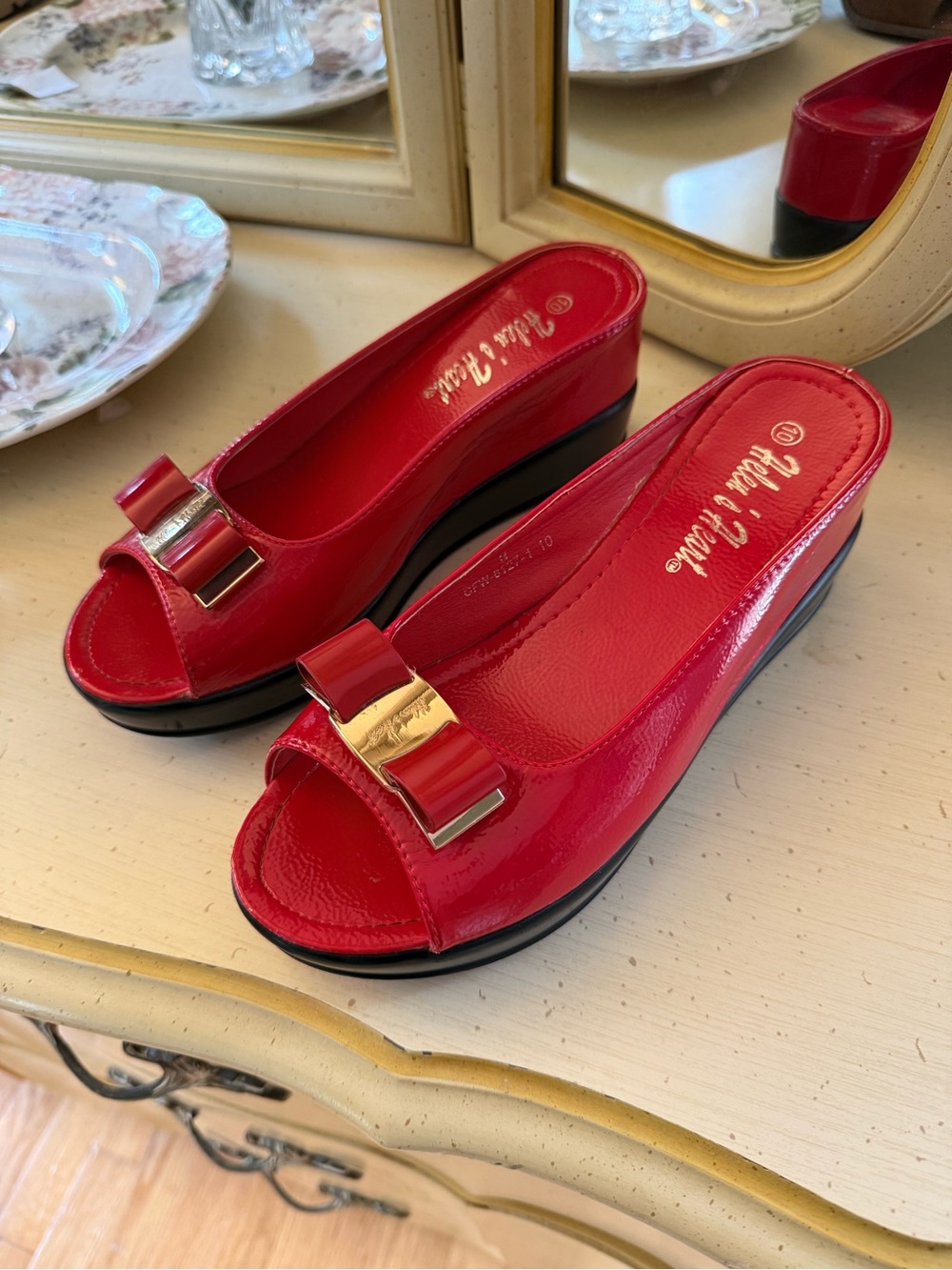 Red Peep-Toe Patent Wedge Mules with Gold Accent
